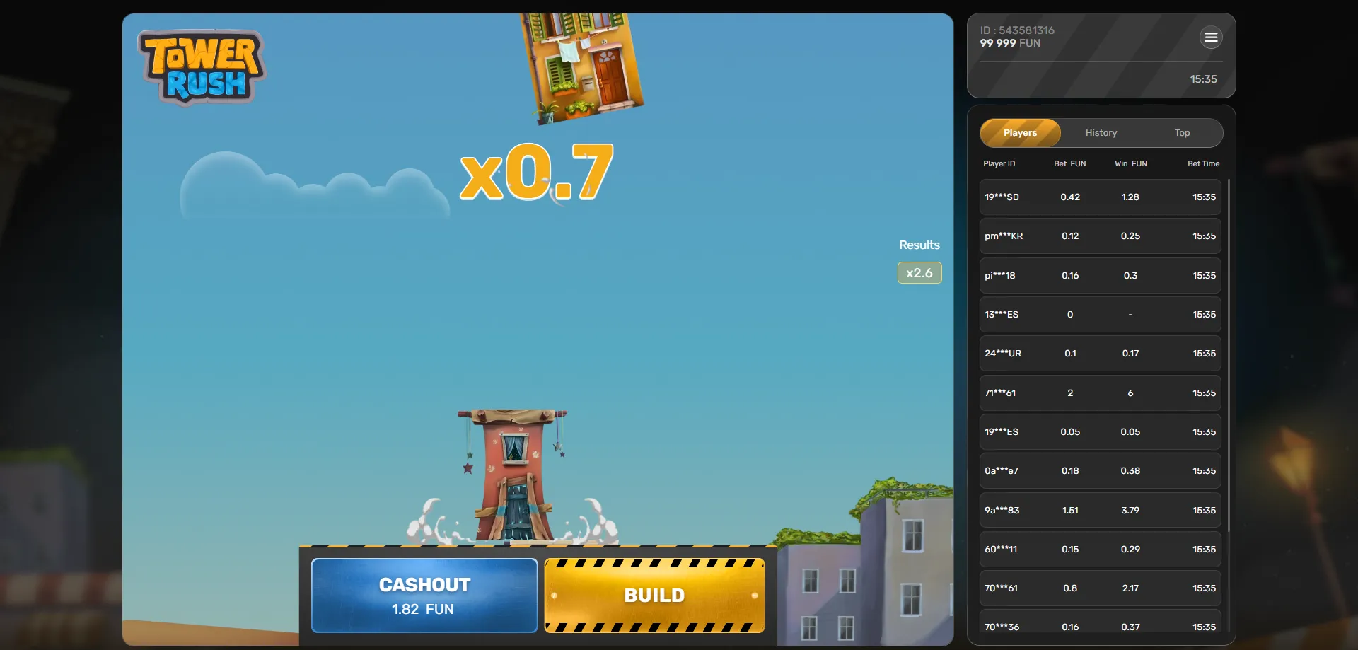 Tower Rush crash game by Galaxsys — play online in India