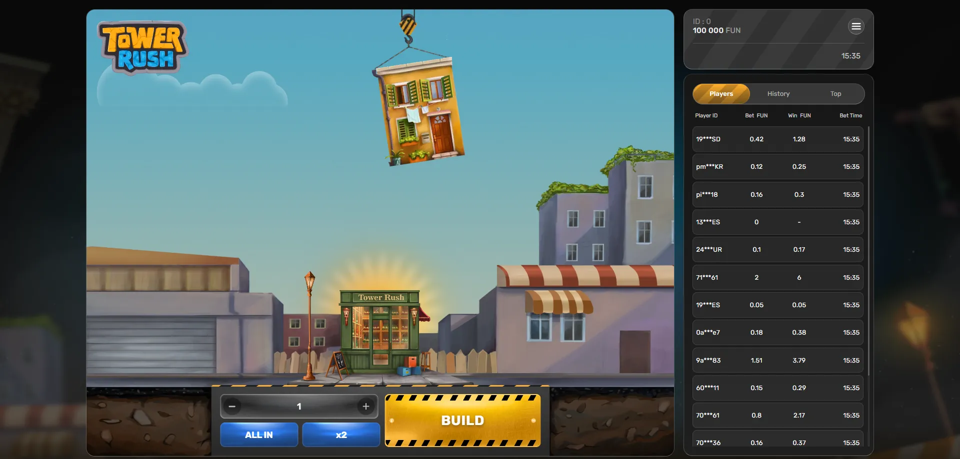 Tower Rush demo gameplay screen showing rising multiplier tower